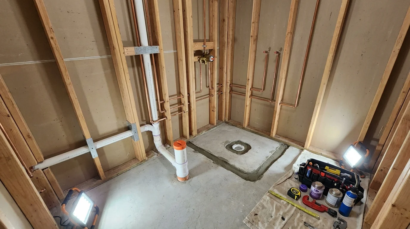Bathroom rough-in plumbing during remodel by Johns Plumbing LLC in Mount Hermon