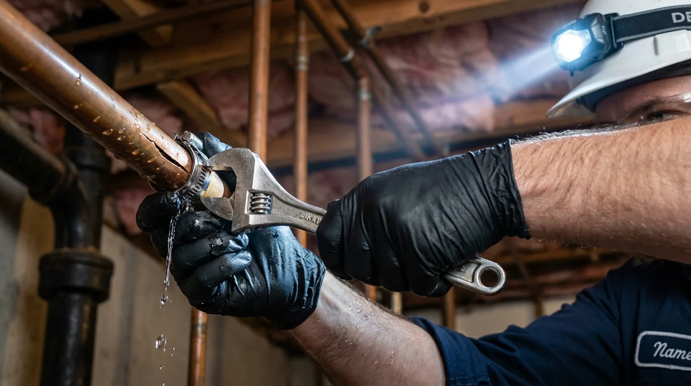 Emergency pipe clamp repair being performed by a Johns Plumbing LLC plumber in Mount Hermon