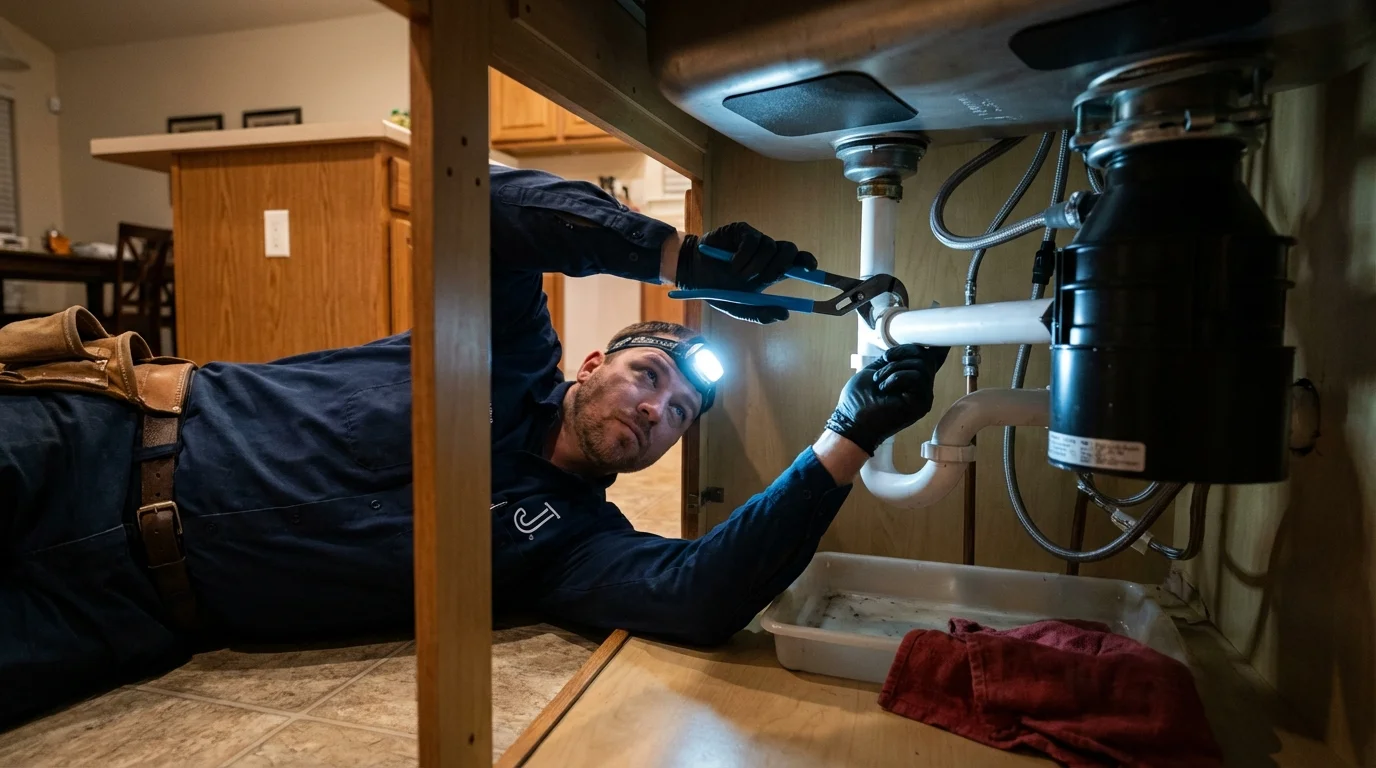 P-trap and supply line connections under a kitchen sink showing a common leak point in Mount Hermon, CA